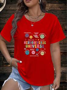 Diseño Simple y Versátil: Camiseta de Manga Corta con Cuello Redondo y Estampado de Letras, Ropa Deportiva de Algodón para Mujer. - Rojo - Ver 1