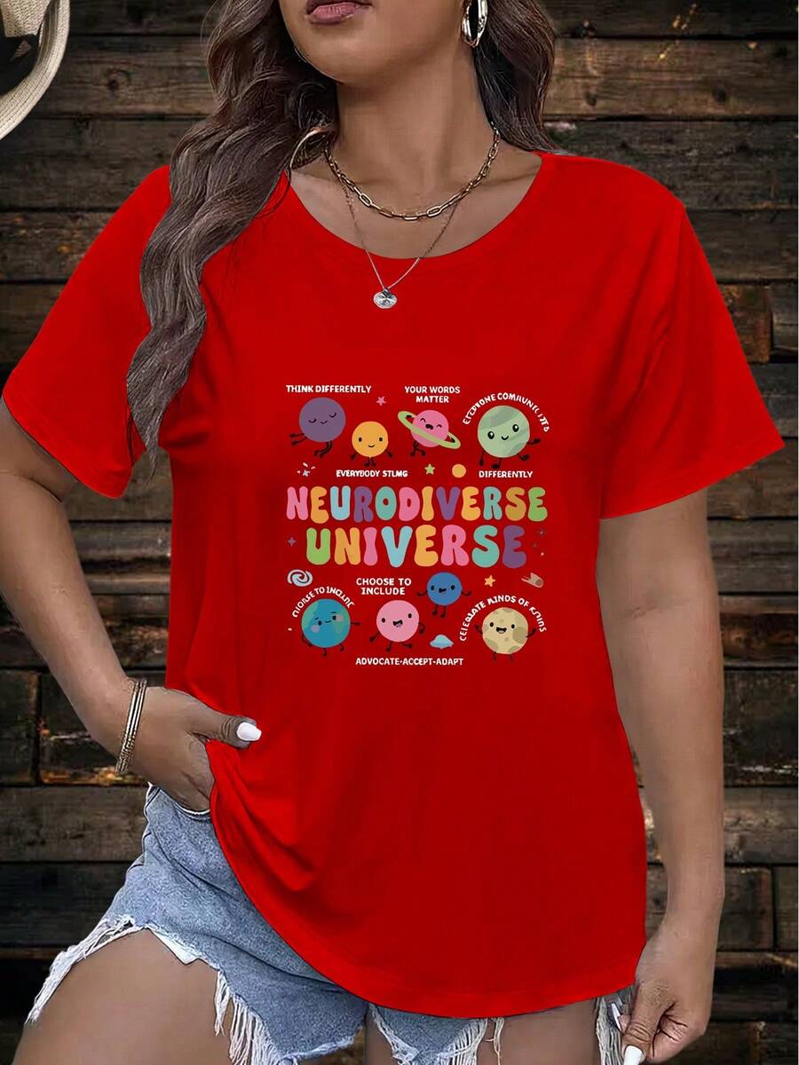 Diseño Simple y Versátil: Camiseta de Manga Corta con Cuello Redondo y Estampado de Letras, Ropa Deportiva de Algodón para Mujer. - Rojo - Ver 1
