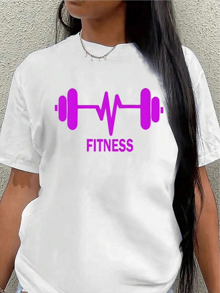 Short-Sleeved T-Shirt With A Purple Fitness Dumbbell Print. Lightweight And Durable, Suitable For The Gym, Workouts, Or Everyday Wear-An Ideal Choice For Active Lifestyle Enthusiasts. Women's Casual Blouse - 白色 - 查看 1
