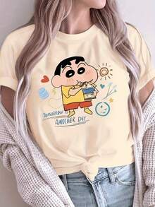 Camiseta de manga corta para mujer con un popular estampado de , perfecta para uso casual. |   Diseño exquisito |   Suelto y cómodo |   Fácil de combinar | - Albaricoque - Ver 8