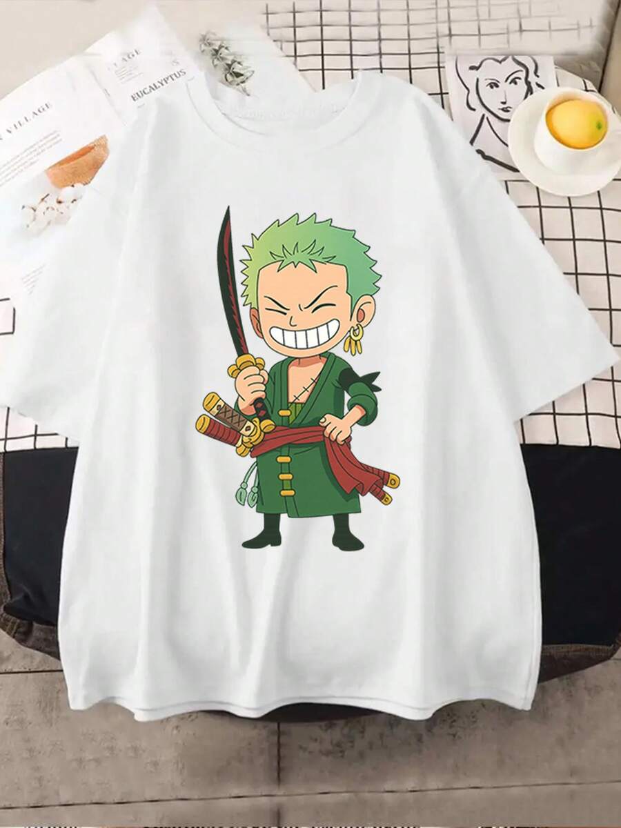 1 Blusa para Mujer, Blusas Hermosas para Mujer, Conjuntos de Ropa para Mujer, Anime Zoro, 180G, Diseño Espada en Blanco y Negro, Impresión de Alta Calidad en Cuello Redondo, Corte Holgado Básico, Transpirable, Versátil, Lavable a Máquina, Cómoda, Talla S ~ 3XL, Ideal para Uso Diario Casual, Deportivo, Esencial para el Verano. - Blanco - Ver 1