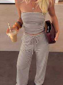 HoloChill Damen Lässig Farbblock Streifen Set, Sommer 2026 Neuankömmling, Bandeau Tanktop mit lockerem Kordelzug, vielseitige lange Hose mit Taschen, 2-teiliges Set, Damen Sommer Outfit, Partywear, Strandurlaub Wear, Lässig Ausgehen Wear, Elegantes Damen Set, Damen Strandurlaub Outfit, Damen Lässig Wear, Weltmeisterschaft, Abschlussball, Luxus, Unabhängigkeitstag, Fußball, Herbstkleidung - Kaffeebraun - Übersicht 8