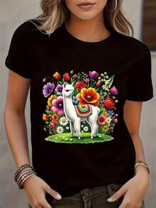 Women's T-shirt Camiseta de Mujer con Estampado de Alpaca, Tejido de Punto de Poliéster Suave, Camiseta Casual de Manga Corta con Cuello Redondo, Cómoda para Todas las Temporadas - Negro - Ver 7
