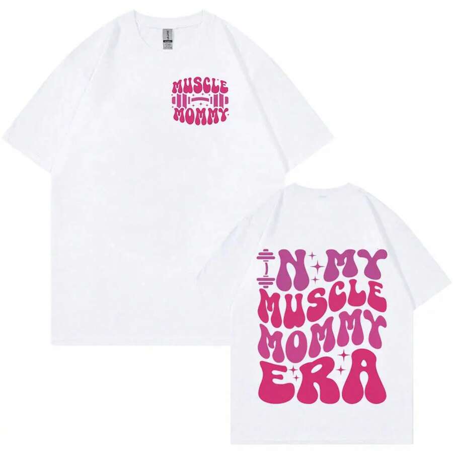 Muscle Mommy Gym Funny Graphic T-Shirt For Men And Women, Stylish, Fashionable, Short Sleeve, Casual, 100% Cotton, Plus Size - 白色 - 查看 1