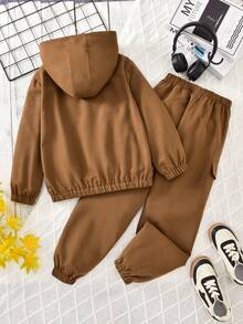 Vihyde Tween Boys Casual Sports Woven Half-Zip Decorative Button Hooded Overcoat Jacket 2Pcs For Autumn/Winter Boys Tracksuit - Brown - View 4