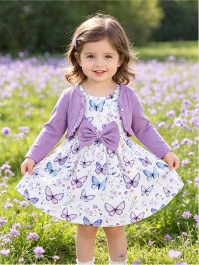 2pcs/Set Baby Girl Autumn Long Sleeve Floral Ruffle Top And Sleeveless Round Neck Floral Butterfly Print Bowknot Decorated Casual Cute Dress Outfit, Suitable For Outdoor/Holiday Wear