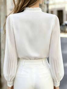Women's Solid Chiffon L/S Shirt, Lace Collar Tie Neck, Bow Front Button Top, Business Casual For Home, Office, Vacation, Spring Summer Fall White - White - View 3