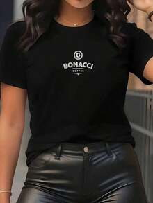 Playeras de mujer: Camiseta deportiva de manga corta para mujer, moderna y elegante, con un estampado de marca de café, lavable a máquina, fácil de combinar, cómoda, informal, de cuello redondo, hecha de alta calidad, adecuada para todas las estaciones. Camiseta de verano para mujer con estampado gráfico informal, manga corta, cuello redondo, suave y transpirable, ideal para el uso diario en la calle. Blusas casuales para dama. - Negro - Ver 1