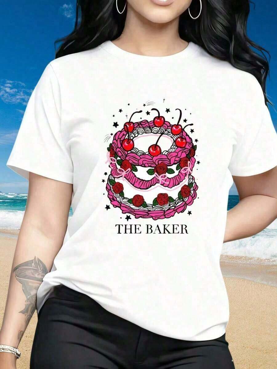 Oferta por tiempo limitado, cantidad limitada disponible, relámpago, camisas de mujer, camisetas de mujer Camiseta de manga corta con cuello redondo para mujer, camiseta negra con diseño de pastel de panadería, camiseta gráfica de moda para mujer, ropa de playa de verano, estampado divertido adecuado para el Día de San Valentín, fiestas de Navidad, deportes, fiestas navideñas, salidas, deportes y otros regalos navideños. - Blanco - Ver 1