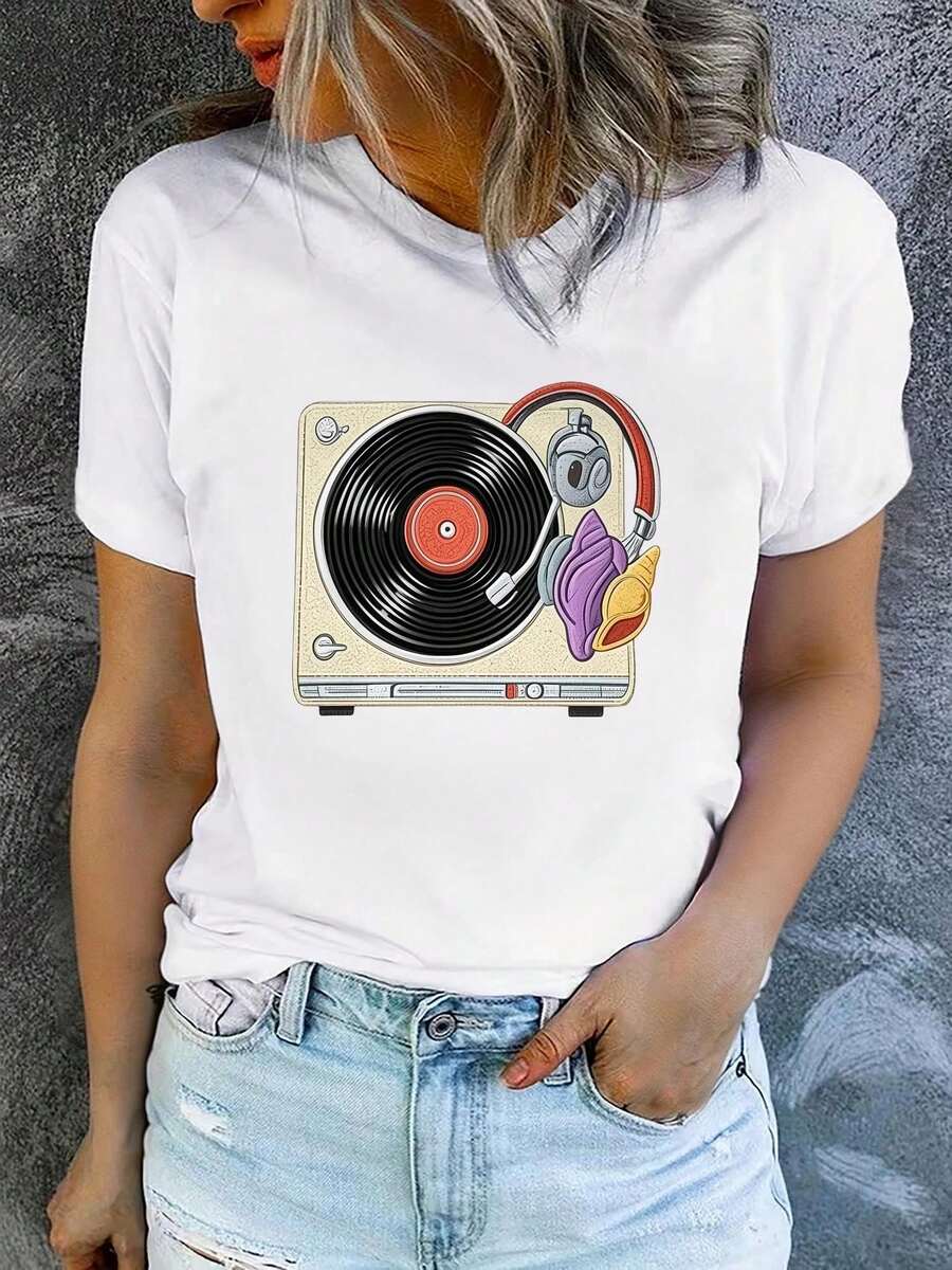 Camiseta de manga corta con cuello redondo para mujer, estampada, moderna y casual, lavable a máquina, ajuste cómodo, estampado plano 2D Blusas Para Mujer Casual. - Blanco_05 - Ver 1