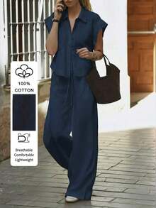 Conjunto informal de verano de 2 piezas de algodón de unicolor elegante para mujer Just Masa, incluye blusa holgada de manga corta con cuello vuelto y pantalones de pierna ancha con cintura elástica, adecuado para vacaciones, viajes, ir al trabajo, citas, playa y uso diario - Blanco - Ver 1