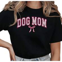 Camiseta Gráfica para Mujer, Estilo Universitario, con Lazo Rosa Brillante, para Mamá de Perros, Idea de Regalo para Amantes de los Perros, Manga Corta, Cuello Redondo, Color Negro, Tallas S-5XL - Negro - Ver 6