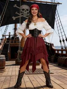 Medieval Women's Large Hem Halloween Renaissance Contrast Lace Dress Asymmetrical Pointed Fairy Pirate Costume Women's Pirate Outfit Halloween Fall - Burgundy - View 4