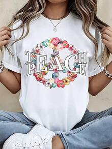Camiseta con Diseño Floral del Símbolo de la Paz y Texto de Paz para Atuendos Casuales y Deportivos - Estilo Urbano Vintage Unisex, Camiseta de Manga Corta de Algodón 100% con Cuello Redondo - Blanco - Ver 3