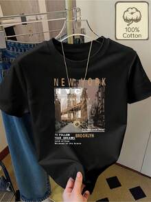Camiseta 100% con estampado de paisaje urbano de Nueva York y texto motivador, cuello redondo, manga corta, ropa de verano casual, cómoda y transpirable para mujer. - Negro - Ver 6