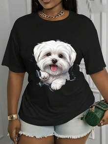 Camiseta de manga corta con estampado de cachorro, de elasticidad media, lavable a máquina, una prenda imprescindible para todas las estaciones, camiseta para mujer, cómoda para el uso diario, corte holgado, tela elástica, moderna y versátil. 0M0W - Negro - Ver 6