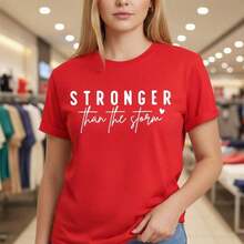 Women's "Stronger Than The Storm" Cotton T-Shirt, Casual Short Sleeve Crew Neck Top With Positive Inspirational Quote Print, Soft And Comfortable, Available In Plus Sizes (S-5XL), Cool Summer Clothes For Women. - 紅色 - 查看 6