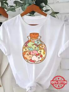 Una camiseta versátil para mujer con cuello redondo y mangas cortas, adornada con lindos unicornios de dibujos animados en un diseño colorido y divertido, hecha deDaily Casual Round Neck Short Sleeve-Shirt Women - Blanco - Ver 1
