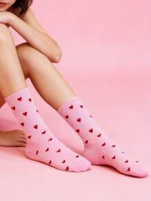 1 Pair Light Pink Heart Socks, Collegiate Style, Everyday Wear - White - View 3