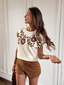 Blusa de punto con mangas de murciélago y bordado floral casual para mujer, otoño - Multicolor - Ver 7