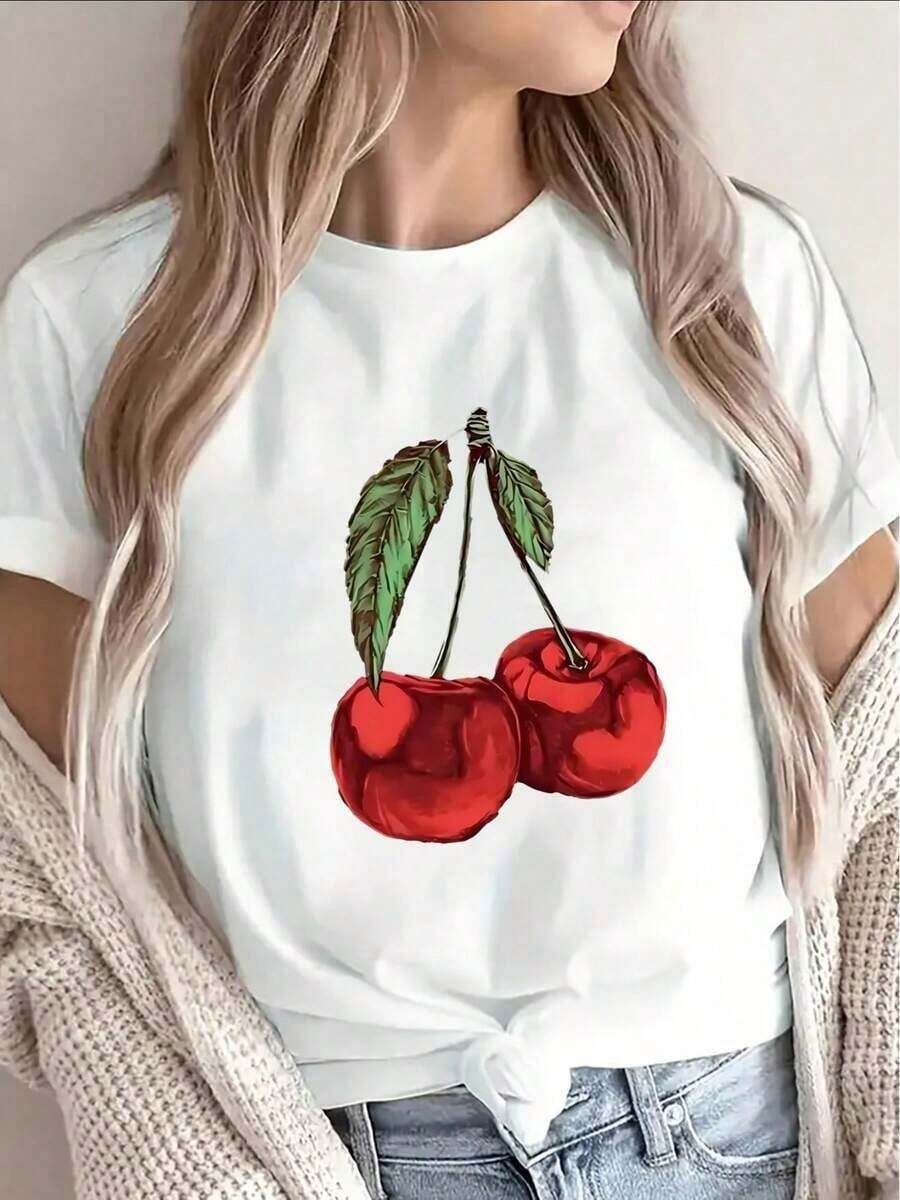 Casual, Lightweight, Short-Sleeved T-Shirt With A Cherry Print, Suitable For Home, Restaurants, Or Outdoor Leisure Activities. Available In Multiple Colors. Made Of Pure Cotton, This Women's Summer T-Shirt Features A Round Neck, A Soft, Fitted Silhouette, And Short Sleeves. - 白色 - 查看 1