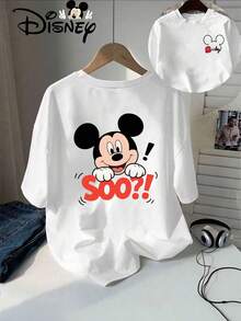 Disney Plus Size - Plus Size - Genuine Mickey Cartoon Pattern And SOO Text Summer New Short-Sleeved T-Shirt Top Women'S Casual Fashion Graphic Tees - trắng - Xem 1