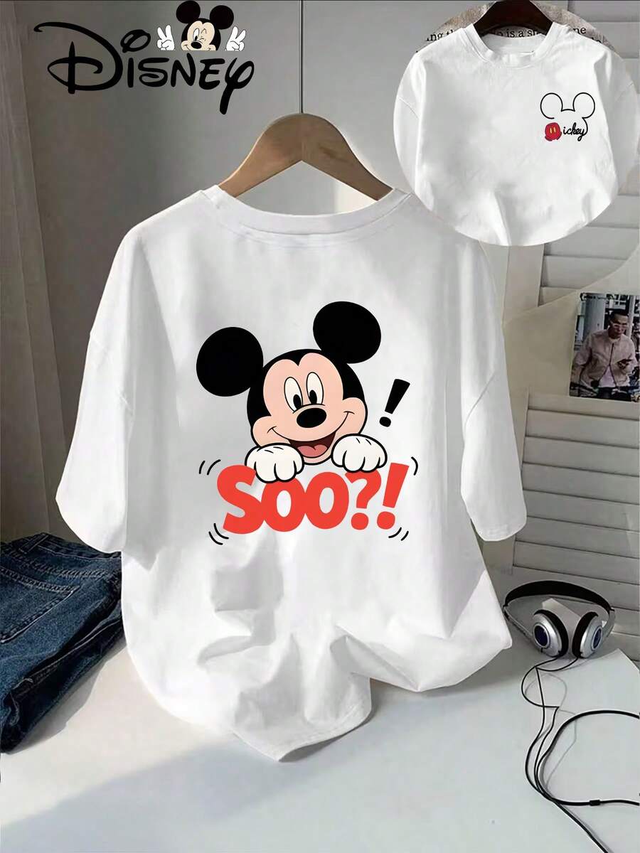 Disney Plus Size - Plus Size - Genuine Mickey Cartoon Pattern And SOO Text Summer New Short-Sleeved T-Shirt Top Women'S Casual Fashion Graphic Tees - trắng - Xem 1