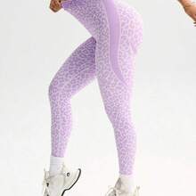 MewMuse. Dewbera 1 pieza Mallas con estampado de tulipanes y patrón de leopardo en la espalda en V para correr, deportes, yoga y fitness - Café integral - Ver 4