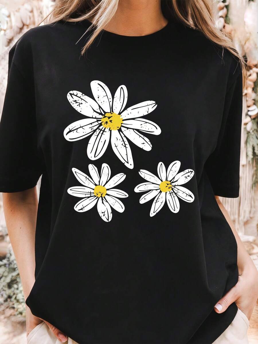 Camiseta unisex, camiseta casual para mujer con diseño floral artístico, tonos acogedores, ropa de mujer, blusas casuales para mujer, camisas para mujer, blusas para mujer, camisetas, estampado gráfico, agradable al tacto, estilo retro de los 90, ropa urbana, camisetas casuales de moda. - Negro - Ver 1