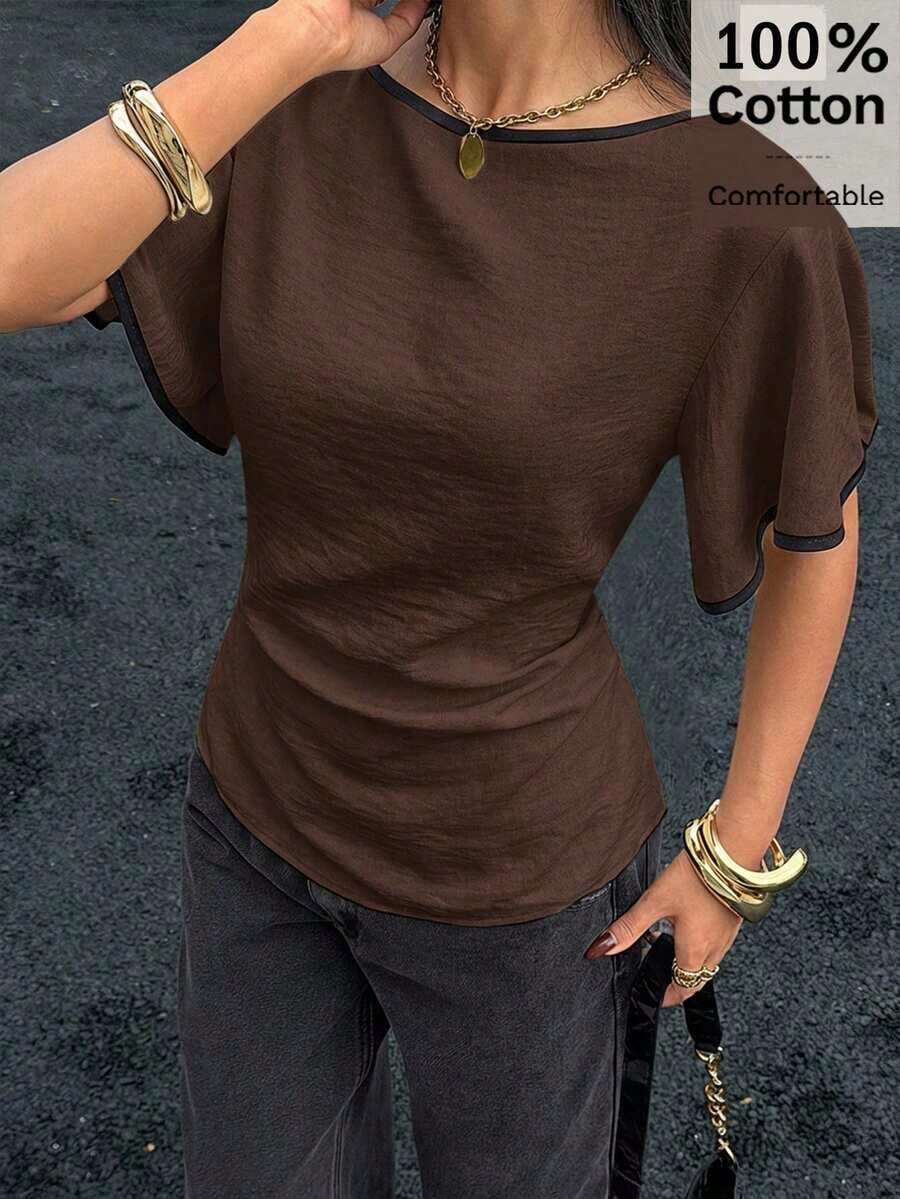 Blusa de mujer vintage elegante con estampado de lunares, con ribete de contraste y cintura fruncida, adecuada para vacaciones de verano - Marrón - Ver 1