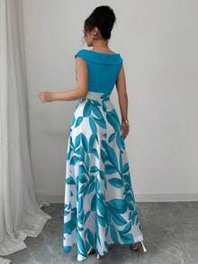 Vestido midi casual de estilo vacacional con escote en V, cintura y vuelo, en estampado azul de patchwork para mujer - Agua verde azul - Ver 2