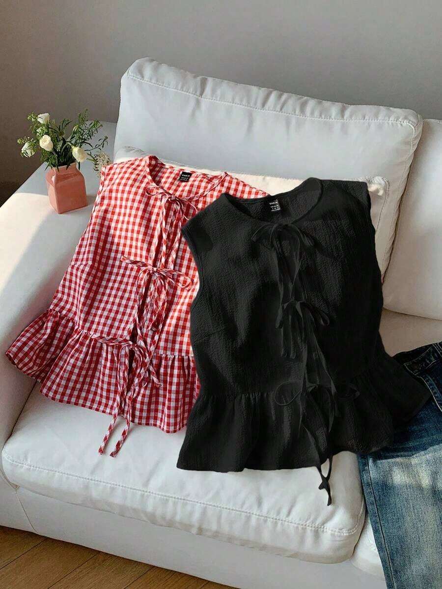 2 piezas Blusas de verano de moda 2026 para mujeres, para vacaciones, primavera, Día de San Valentín, salir, verano, primavera, Día de San Valentín, carnaval, playa, fiesta de cumpleaños, boda, salir.Top sin mangas rojo, top sin mangas rosa, - Rojo y negro - Ver 1