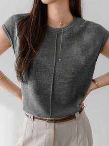 -Less Camiseta de manga corta con bloques de color liso para mujer, de estilo minimalista, informal y de negocios casuales - Gris - Ver 4
