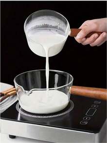 1pc Transparent Glass Milk Pot With Wooden Handle, Heat-Resistant Soup Pot, Baby Food Pot, Noodle Pot, Salad Bowl, Instant Noodle Bowl, Suitable For Electric Ceramic Stove And Gas Open Flame, High Heat Resistance Non-Stick Glass Pot For Heating Milk, Butter, Noodles, Sauces And Cooking Seafood - View 1