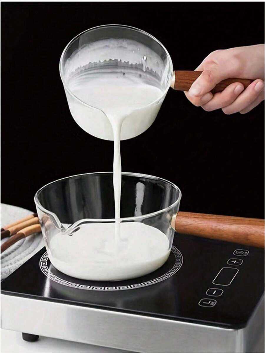 1pc Transparent Glass Milk Pot With Wooden Handle, Heat-Resistant Soup Pot, Baby Food Pot, Noodle Pot, Salad Bowl, Instant Noodle Bowl, Suitable For Electric Ceramic Stove And Gas Open Flame, High Heat Resistance Non-Stick Glass Pot For Heating Milk, Butter, Noodles, Sauces And Cooking Seafood - View 1