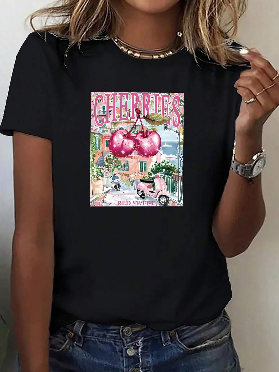 Camiseta Casual para Mujer - Estampado de Cereza Dulce con Diseño de Scooter Vintage - Estilo Estampado - Camiseta Deportiva Casual para Mujer - Mangas Cortas Bonitas, Uso en Todas las Estaciones, Tela Cómoda, Top de Estilo Urbano, Perfecta para Atuendos Informales