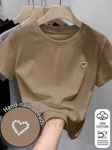 Camiseta de manga corta de unicolor con decoración de tachuelas en forma de corazón, de uso versátil y casual - Camel - Ver 1