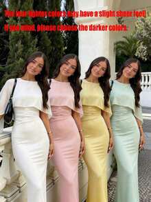 Diseño de capa de gasa blanca romántica y elegante de primavera/verano, vestido maxi de ajuste ceñido tipo sirena con escote fruncido de punto, cierre con botón en la espalda - Blanco - Ver 2