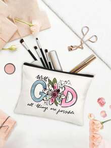 1pc Christian Floral Print Makeup Bag, With God All Things Are Possible Quote Cosmetic Pouch,Available In 6 Colors, Portable Toiletry Organizer For Travel, An Ideal Gift For Back-To-School Season, Christmas, Birthdays, Mother's Day, And Travel Essentials Lovers. - Multicolor - View 8