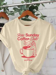 Camiseta Casual de Verano para Mujer - Temática de Slow Life Coffee Club - Camiseta de manga corta con cuello redondo, con estampados de granos de café y tazas de café, un regalo preferido para el uso diario casual de los amantes del café. - Albaricoque - Ver 12
