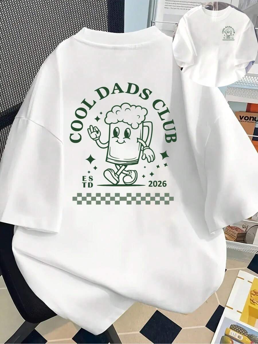 Camiseta estampada de manga corta con diseños en la parte delantera y trasera - caricatura de jarra de cerveza, Cool Dad Club - camiseta estampada de moda para mujer, primavera/verano, manga corta, para todas las estaciones, atuendo moderno, 100% algodón. - Blanco - Ver 1