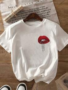 Camiseta de manga corta con estampado frontal y trasero, labios rojos y joyas, colgante en forma de corazón, top casual moderno para mujer, camiseta casual de manga corta con cuello redondo, adecuada para verano y primavera, ropa de mujer 100% algodón. - Blanco - Ver 3