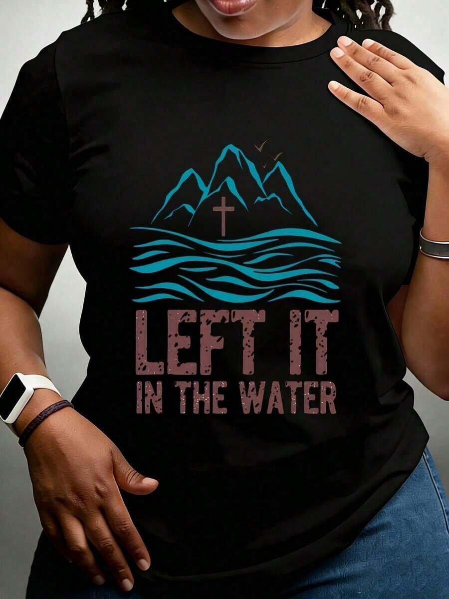 Lo Dejé En El Agua - Camiseta con Diseño de Cruz de Montaña y Declaración de Fe Cristiana - Estilo Urbano Vintage Unisex, Camiseta de Manga Corta de Algodón Suelto con Cuello Redondo, 100% Algodón - Negro - Ver 1