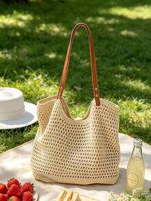 [US-Based Shipping]2026 New Large Capacity Women Tote Bag, Large Capacity Handmade Woven Bag, Women's  New Straw Bag, Beach Vacation Shoulder Bag, Commuter Tote Bag, Extra LargeVersatile Shoulder Beach Holiday Straw Woven Commute Handbag, Beach Purse, Perfect For Summer, Vacation & Daily Use, Travel Must Haves, Beach Necessities, Beach Essentials,Beach Stuff & Summer Essentials, Newest Holiday Bag, Hottest Beach Bags,Beige Hollow Out Crochet Tote Bag Large Capacity PU Strap Shoulder Bag For Women Summer Beach Vacation Daily Use,Boho Style Beige Knitted Tote Bag Hollow Out Design Large Capacity Handbag For Women 2026  Summer Beach Bag Daily Commute - 彩色 - 查看 3
