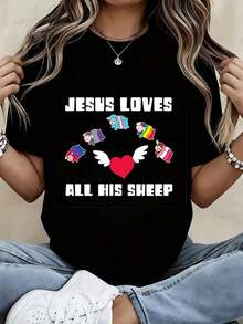 Camiseta con Diseño de Jesús Amando a Todas Sus Ovejas con Arcoíris y Corazón para Uso Casual y Deportivo - Estilo Urbano Vintage Unisex, Camiseta de Manga Corta de Algodón 100% con Cuello Redondo - Negro - Ver 1