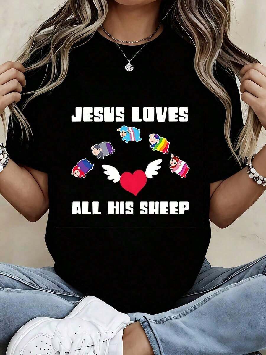Camiseta con Diseño de Jesús Amando a Todas Sus Ovejas con Arcoíris y Corazón para Uso Casual y Deportivo - Estilo Urbano Vintage Unisex, Camiseta de Manga Corta de Algodón 100% con Cuello Redondo - Negro - Ver 1