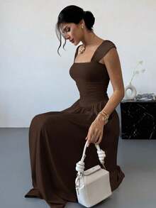 Vestido largo elegante con cuello cuadrado, mangas de campana y lazo en la cintura, con pliegues.Adecuado para citas, primavera/verano, vestidos de verano para mujeres - Marrón Chocolate - Ver 4