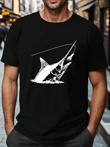 Men's Creative Short Sleeve T-Shirt With Fishing Comic Print, Plus Size, Ideal For Daily Summer Wear And Sports Activities For Tall And Large Men. - 黑色 - 查看 1