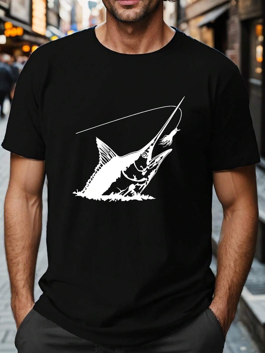 Men's Creative Short Sleeve T-Shirt With Fishing Comic Print, Plus Size, Ideal For Daily Summer Wear And Sports Activities For Tall And Large Men. - 黑色 - 查看 1