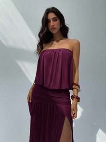 2026 Vestido sin tirantes y sin espalda de color albaricoque para mujer, vestido largo de diseño minimalista con pliegues, vestido fluido, vestido transparente para mujer para primavera y verano, vestido de playa, atuendos de vacaciones en la playa, vestidos de verano amarillo mantequilla para mujeres - Granada - Ver 6